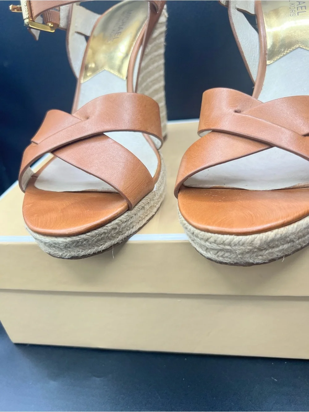 Michael Kors Cognac Leather Espadrille Wedge Sandals